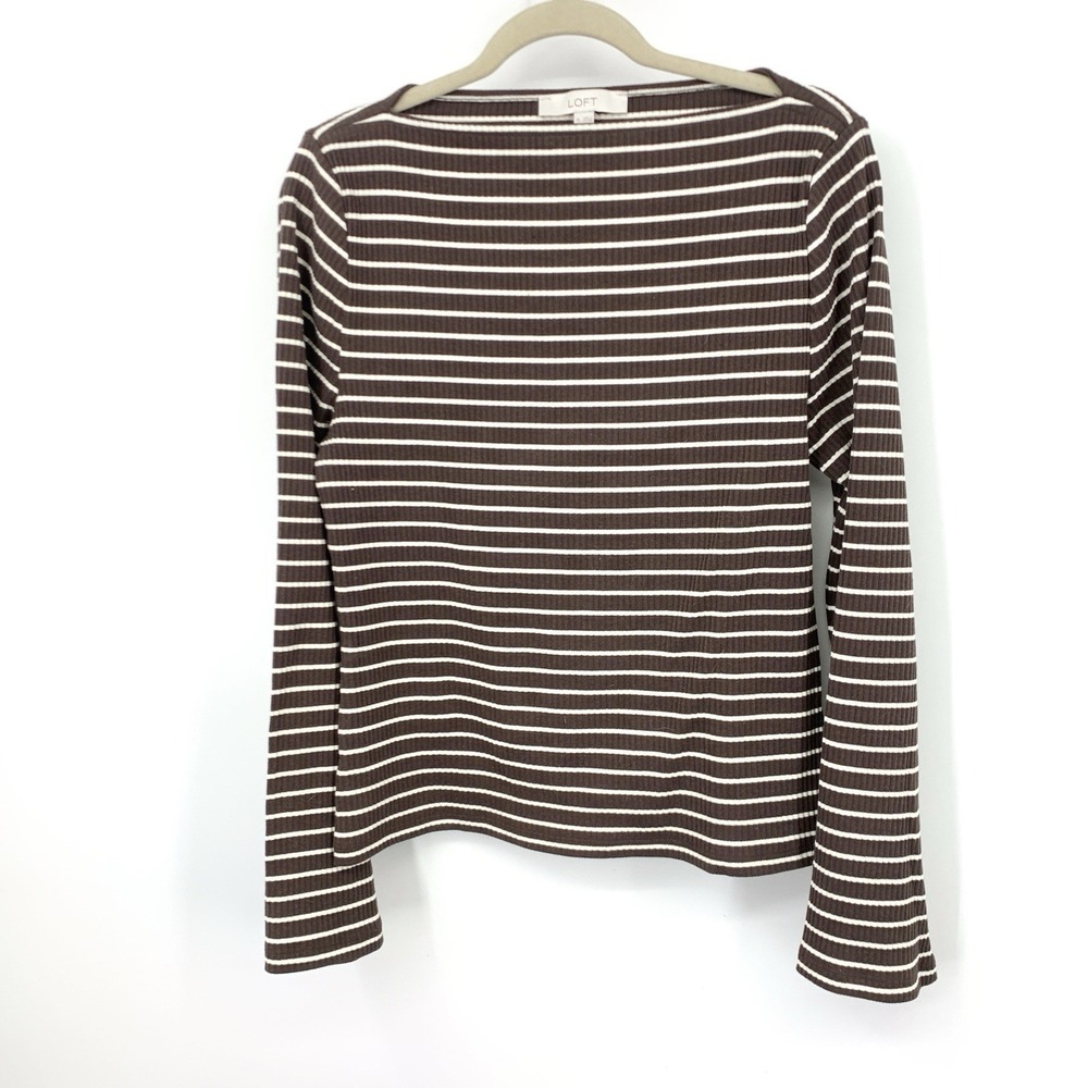 LOFT‎ Ann Taylor Women Size XL Top Brown White Striped Boatneck Ribbed Shirt